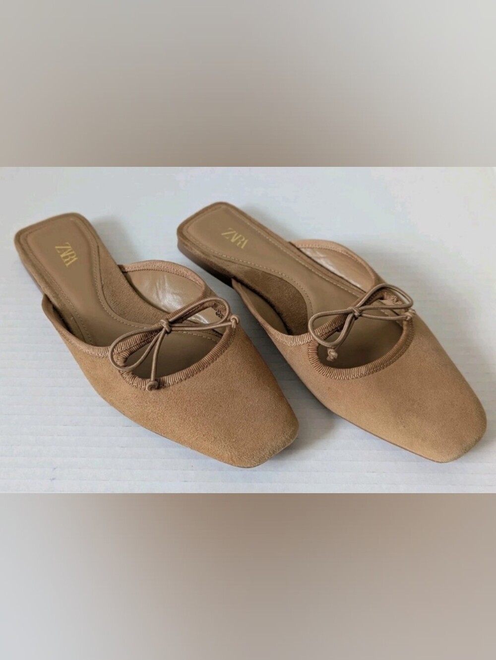 Zara Square Toe Suede Ballet Mule Flats- Tan Womens Size UER 5